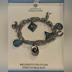 NIB Atterri Western Cowgirl themed Silver-Tone Turquoise Charm Stretch Bracelet
